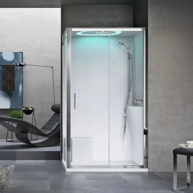Novellini Eon Душевая кабина 120х80х236см, Dx, поддон H11.5см термостатический смеситель, турецкая баня, гидромассаж, верхний душ, LED подсветка, стекло, цвет: хром/белый глянец
