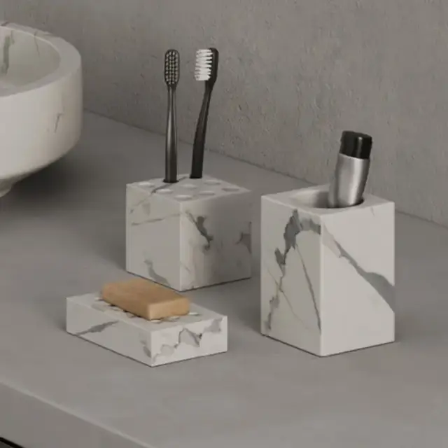 Dea Design Marble Стакан настольный, 8х8хh18см., из мрамора, с отверстиями под з/щетки цвет: Statuario White