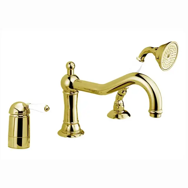 Nicolazzi Petit Mont Blanc Смеситель на борт ванны, на 3 отв., с изливом 24.6см и ручным душем, ручки белая керамика, цвет: English Gold