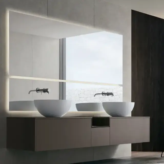 NOORTH milldue edition SINTESI Комплект мебели 216см в матовом лаке/шпоне, с 2-мя раковинами из Cristalplant, 2-мя зеркалами с подсветкой, подвесной, Цвет: castoro-11/rovere carbone-601