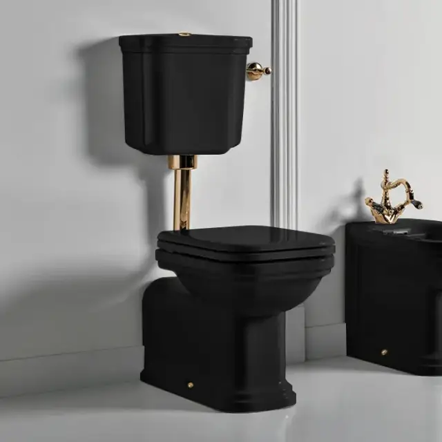 Kerasan Waldorf Унитаз напольный удлиненный c низким бачком, трубой, цвет: черный/золото