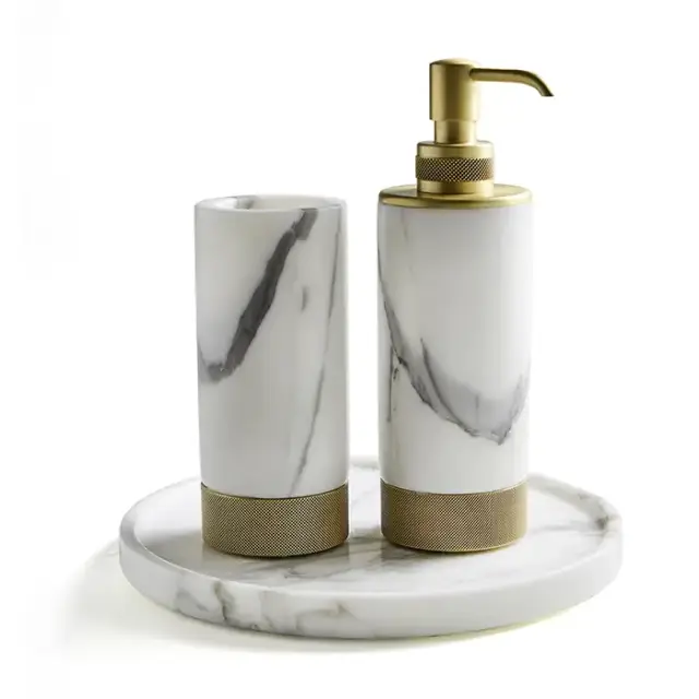 3SC Apuana 2.0 Комплект: стакан, дозатор и лоток, цвет: мрамор Bianco Statuario/золото 24к. Lucido