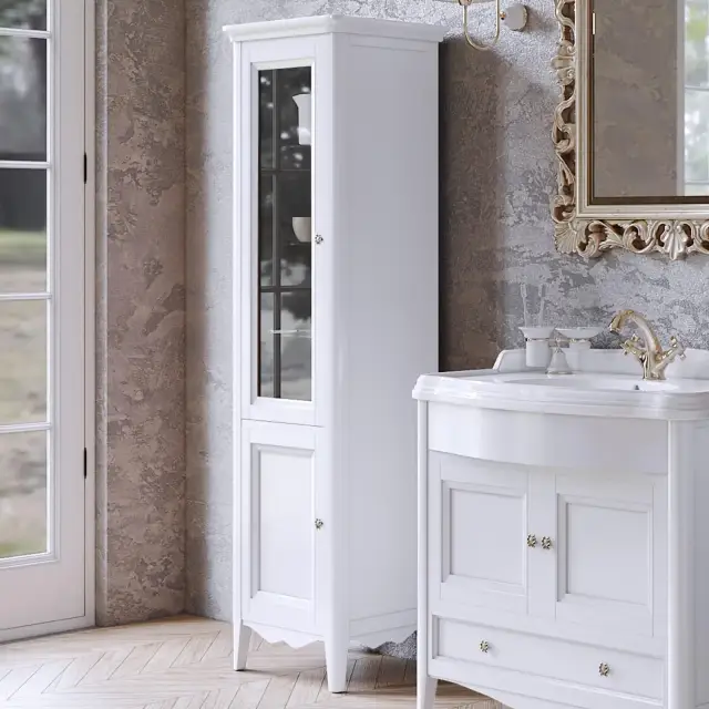 TW Veronica Nuovo колонна напольная с 2-мя дверцами, 3-мя стеклянными полками, доводчиками Blum, ручки бронза, SX - петли слева, цвет: белый