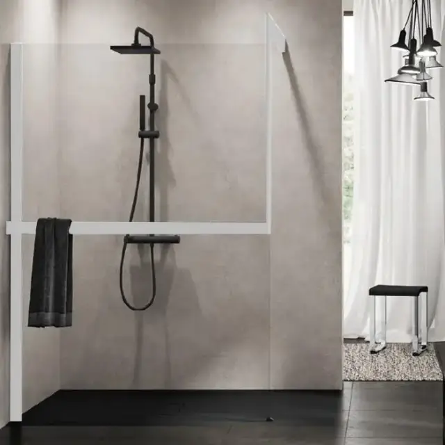 Novellini Kuadra H Душевое ограждение 160х200cм., с свободным входом, Sx, с настенным кронштейном, с полотенцедержателем, стекло прозрачное, цвет: белый матовый