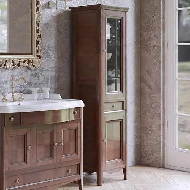 TW Veronica Nuovo колонна напольная с 2-мя дверцами, 1-м выдвижным ящиком, 3-мя стеклянными полками, доводчиками Blum, ручки бронза, DX - петли справа, Цвет: NOCE