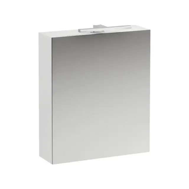 Laufen Base шкаф зеркальный 600x185x700 мм, 1 дверца, петли справа, с гориз.элементом LED-подсв., 2 стекл. полки, 1 розетка, цвет: белый матовый