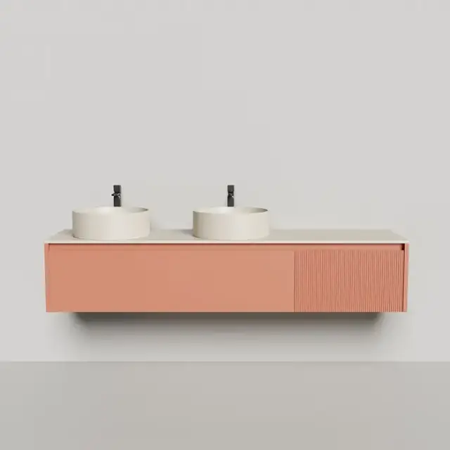 Salini Domino Тумба со столешницей и двумя раковинами,  200х50х40см., из S-Stone в сборе; крепеж; металл/ сифон; фасад Ral3012, столешница: Ral9001