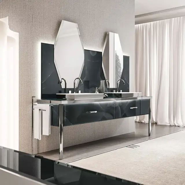 VITAGE milldue edition HILTON 06 Комплект мебели 226х56х77см напольный, 2 раковины, 2 зеркала, с подсветкой, цвет: onice smoke/полированная сталь