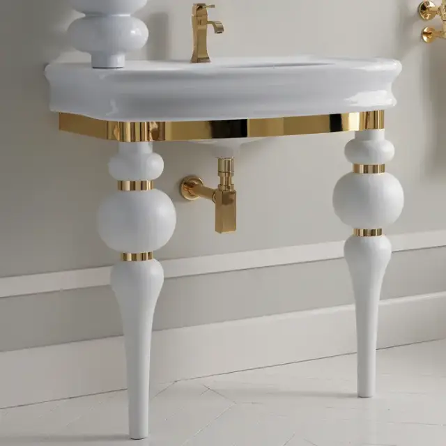 3SC Consolle Консоль Via Veneto 70х52хh96см, с раковиной LA11 и сифоном, напольная, цвет: белый матовый/золото 24к. Lucido