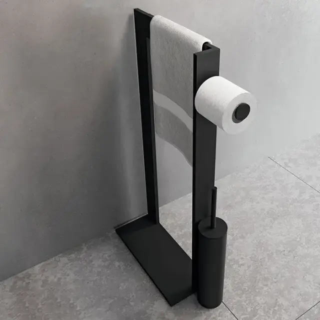 Novellini Kuadra Стойка напольная с полотенцедержателем, держателем т/б и ершиком для унитаза, цвет: черный матовый