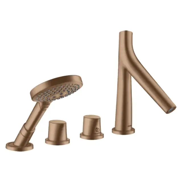 Axor Starck Organic Смеситель для ванны, на 4 отв., термостатический, с ручным душем, цвет: шлифованное красное золото