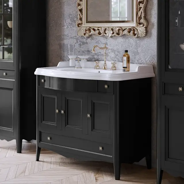 TW Veronica, База с раковиной Simas AR874bix1 105x56см, 2 верх.ящ. 3 расп. дв. и 1 выдв. ящик, доводч. Blum, ручки: Riflesso хром, напольный, цвет: noce