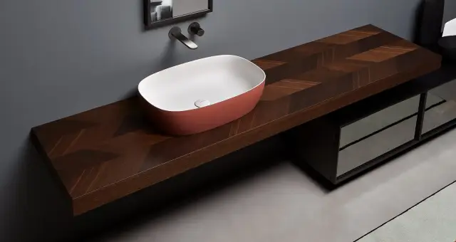 Cтолешница коробчатая из дерева c 1 отв. для раковины 180x47x8h. Rovere thermo