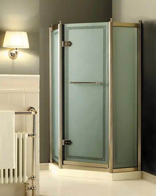 Ограждение в угол Devon&Devon SAVOY J J/100 SX профиль серебряный глянцевый, тип 2, Dec 2, 3, стекло прозрачное, декоративная рамка, дверь тип С