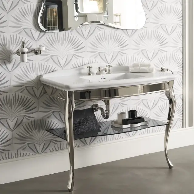 Консоль для ванной комнаты Devon&Devon Jacqueline ceramic DEJACQ3FBICRFU структура - хром, раковина - белая керамика, полка - дымчатое стекло