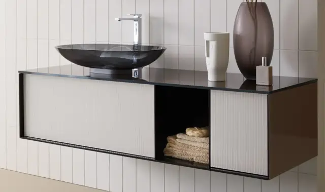 Комплект мебели с раковиной Artelinea Quadra QUP69+QUT29+QUVN+RQUC+KQUC+B.90 FU фронт flutes bianco (B3)/топ и корпус cashmere silk (E3)