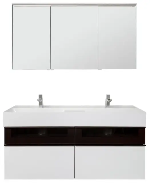 Комплект мебели с раковиной BURGBAD YUMO SFMY132 F3193 K0161 + SPIZ130L F3193 K0014 фронт белый глянец F3193, каркас белый глянец K0161, вставка из стекла, ручки G0179