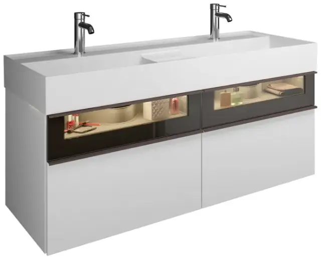 Комплект мебели с раковиной BURGBAD YUMO SFMY132 F3193 K0161 фронт белый глянец F3193, каркас белый глянец K0161, вставка из стекла, ручки G0179