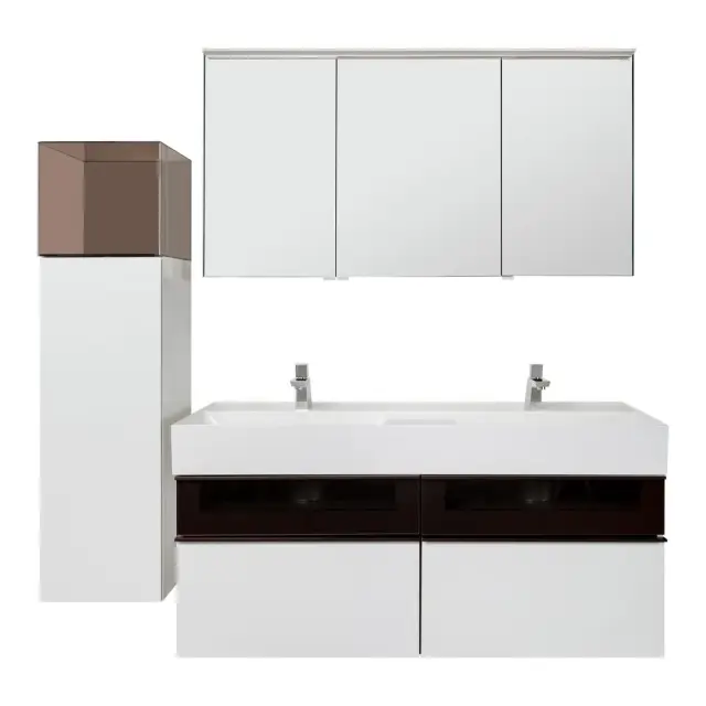 Комплект мебели с раковиной BURGBAD YUMO SFMY132 F3193 K0161 + SFKK035L F3193 K0161 + SPIZ130L F3193 K0014 фронт белый глянец F3193, каркас белый глянец K0161, вставка из стекла, ручки G0179