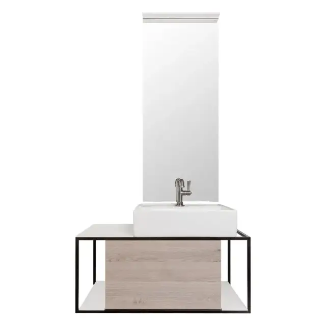 Комплект мебели с раковиной BURGBAD JUNIT SFKQ090L F3151 G0175 K0463 + SIIE050 F3151 К0014 корпус Oak decor flanelle K0463, фронт Flanelle oak decor F3151, металл Black arrodised G0175, раковина белая керамика