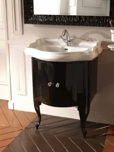 Комплект мебели с раковиной Kerasan Retro 7361K3 (736100 + 736104(2) + 736190) + 104601 отделка черный глянец, ножки - серебро, ручки - хром/кристалл