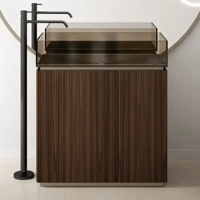 Комплект мебели с раковиной Artelinea PLISSE’ COLLECTION PY81D (PYD81D+BPL80) GROOVE NOCE-GR, топ-BRONZO-B6, раковина-TRASPARENTE BRONZO