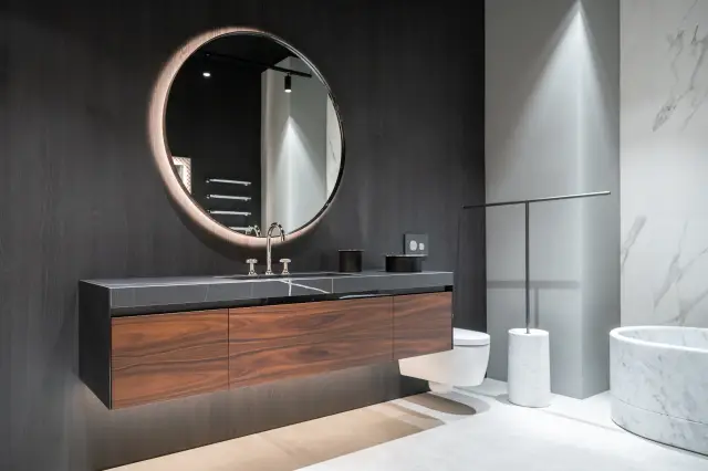 Комплект мебели с раковиной Milldue Four seasons 4726+4697*2+2474+2486*2+4724.DX+4724.SX+9645.180+4376.179,95 шпон PALISSANDRO SANTOS/ACCIAIO CROMO NERO-96/керамогранит-AZALAI