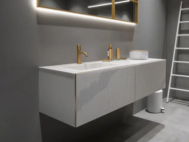 Комплект мебели с раковиной Arbi LUXOR+SLOT LE30+B835+5697+A239 фронт-QUARZO RESINA MILLERIGHE CLASSIC-LX7, корпус-BIANCO OPACO-900A0, рама-ORO SPAZZOLATO/QUARZO RESINA CLASSIC-0G