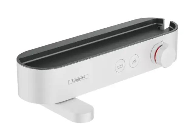 Смеситель для ванны и душа, Hansgrohe, ShowerTablet Select, с полочкой из матового черного пластика, цвет-белый матовый