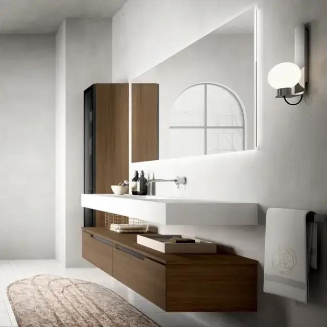 Комплект мебели с раковиной Oasis PROFILO 0PF525085.4S+0PF525085.4D+091L45B+090HCN5B+0VSTIC02+0KTSTLV*2+0CO762035.4FS база WALNUT-E012/топ (с раковиной) белый матовый CORIAN-CN/стекло (дверцы колонны) fumé