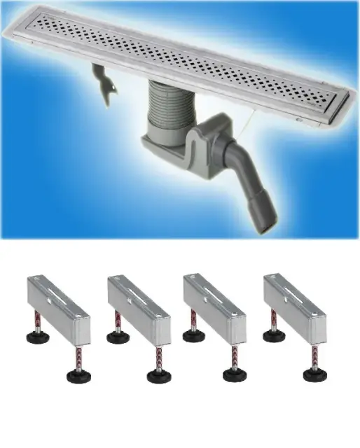 Комплект: душевой лоток Visign с дизайн-решеткой ER1,(X1),от 0.5-0.7 л/с, с гидрозатвором и съемным грязеуловителем+опора душ.лотка 100см, нерж.сталь