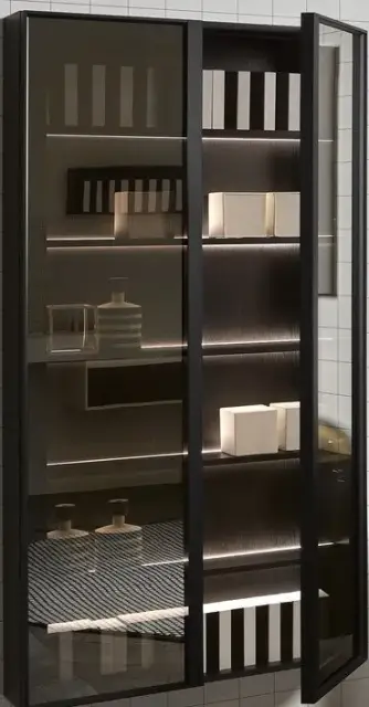 Колонна с внутренней LED подсветкой 4000K 2 дверки, 5 внутренних полок 90*47*175h корпус-SKIN CENERE, рама-BRONZO, стекло-ACIDATO FUME