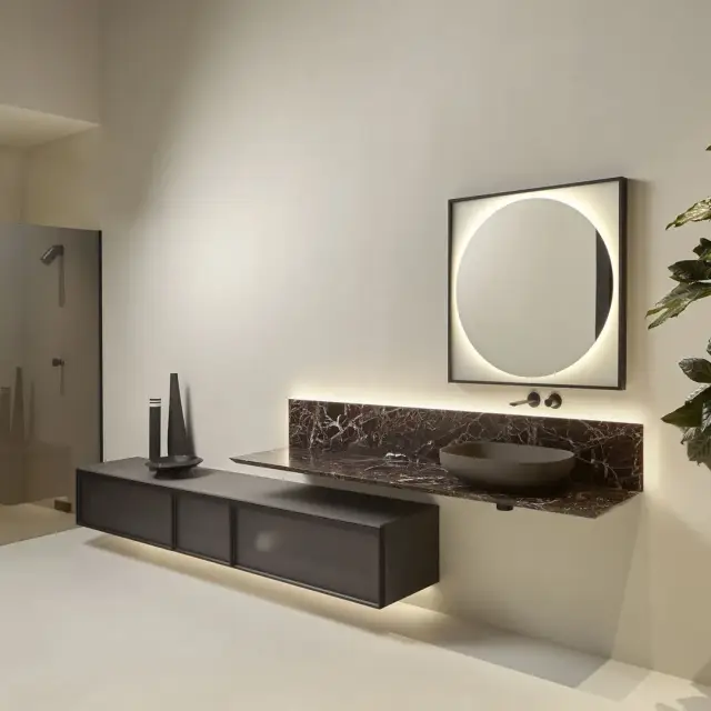 Комплект мебели с раковиной Antonio Lupi BEMADE DIBM2108.2.5+LED_IN+DF1.DX+DIBM254.2.5+LED_IN+DIBM2108.2.5+LED_IN+DF1.SX+ITM21.270+AGO60+SHELF+BARRALED.261+SRC40108*2+SRC4054+SRI4054+SRV4022*2+SLIM40.54 BASALTO SETA/рама-NERO OPACO/стекло-ACIDATO FUME/мрамор ROSSO LEVANTO/раковина COLORMOOD BASALTO