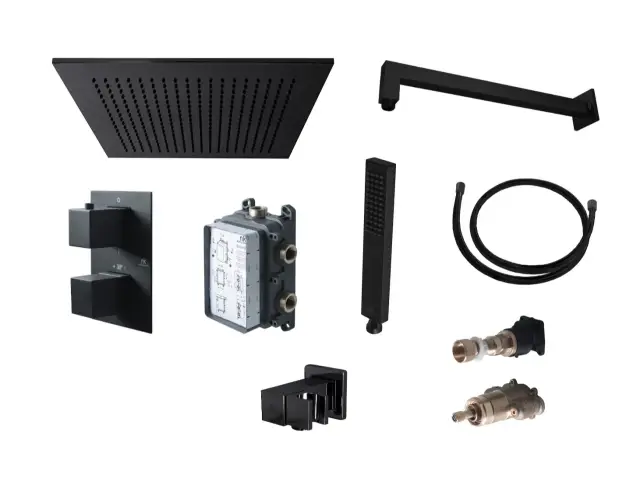 NOKEN KIT SQUARE Комплект для душа с термостом и верхним душем 30x30 см, чёрный матовый