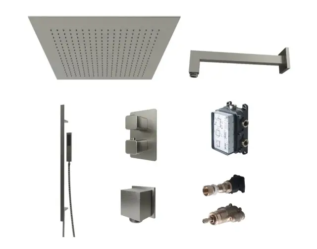 NOKEN PACK SQUARE Душевой комплект с термостатом и верхним душем 30х30 см, браш. титан